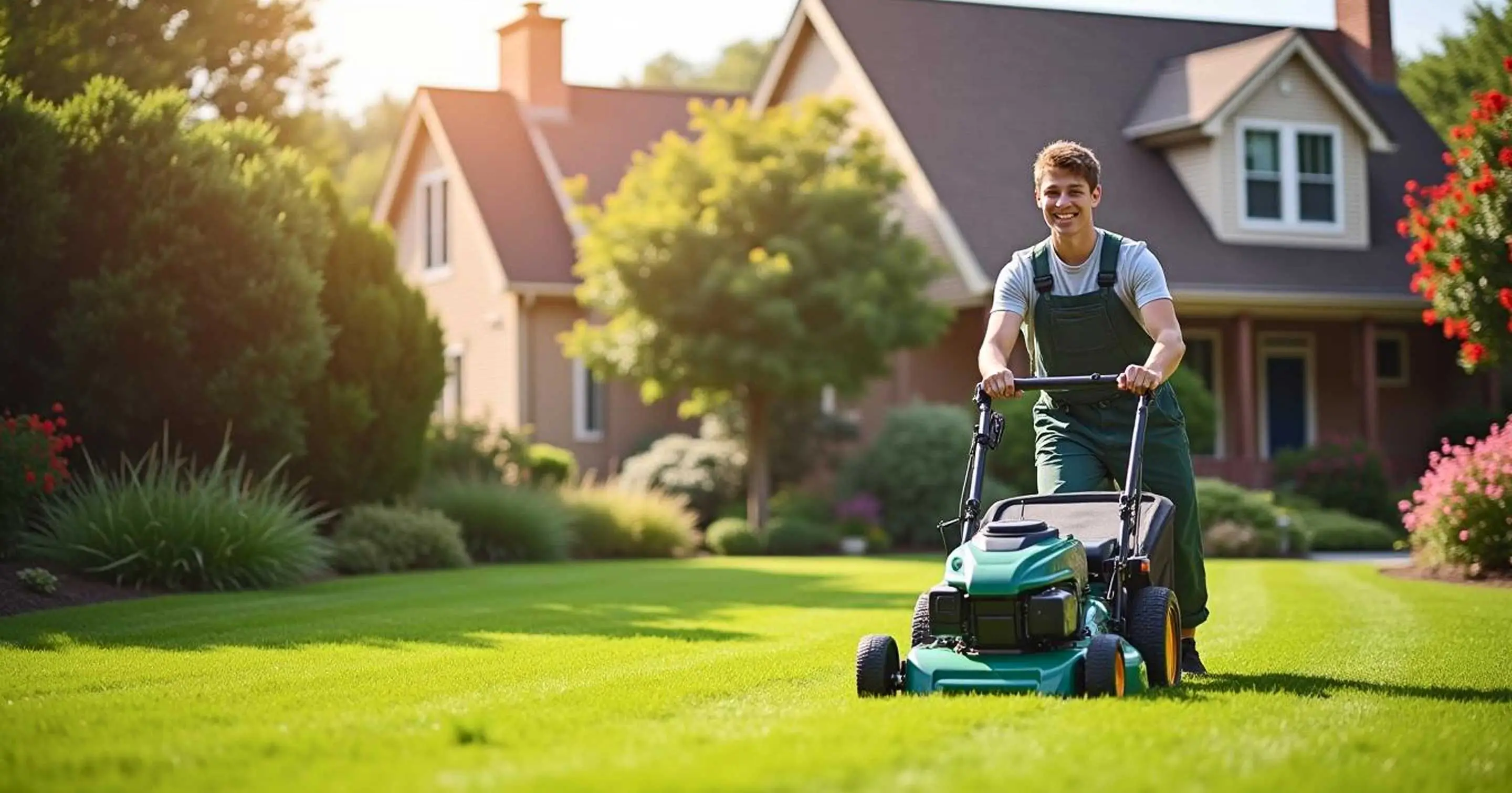 Student helping with lawn mowing